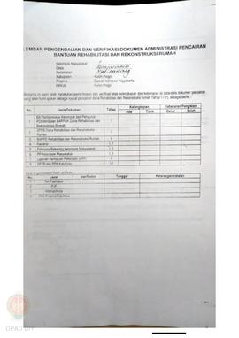 lembar Pengendalian dan Verifikasi Dokumen Administrasi Pencairan Bantuan Rehabilitasi dan Rekons...