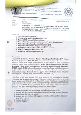 Surat dari Departemen Keuangan RI perihal bimbingan teknis penyusunan kebijakan umum APBD tahun 2...