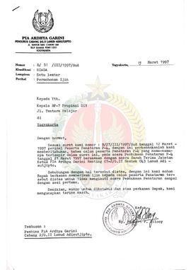 Surat dari Ketua PIA Ardhya Garini Yogyakarta kepada Kepala BP-7 Daerah Istimewa Yogyakarta perih...
