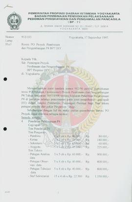 Berkas surat perihal revisi petunjuk operasional Proyek Pembinaan dan Pengembangan P-4 BP-7 Provi...