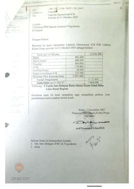 Laporan operasi ICB Periode 16 s.d. 31 Oktober 2007 No: 353/PC.13.04/ KEU/XI/2007 pasca gempa.