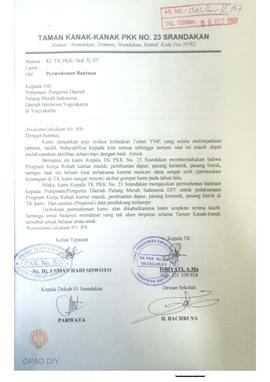 Proposal dari TK PKK No.23 Srandakan, Bantul kepada Pimpinan/Pengurus Daerah PMI DIY tentang perm...