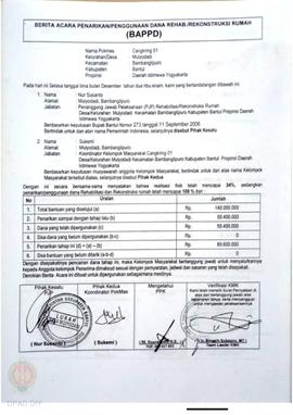 Berita Acara Penarikan/Penggunaan Dana Rehabilitasi/Rekonstruksi Rumah (BAPPD) Rusak Sedang, Nama...
