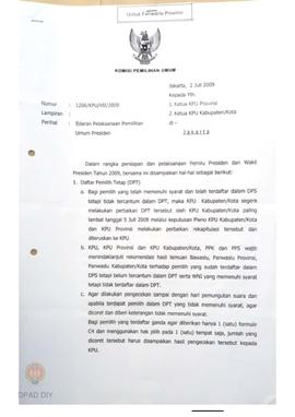 Surat dari KPU RI No. 1206 / KPU / VII / 2009 perihal edaran tentang persiapan dan pelaksanaan Pe...