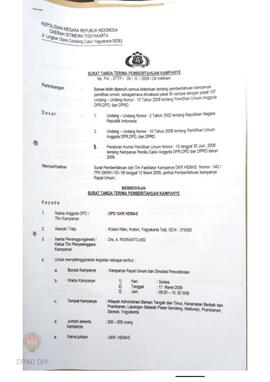 Surat  dari Polda DIY kepada DPD Golkar tentang  tanda terima pemberitahuan kampanye GKR. Hemas.