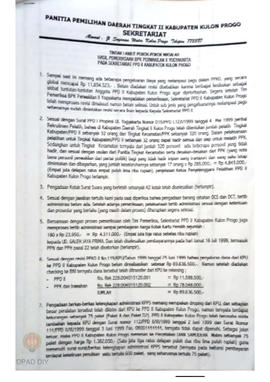 Surat PPD TK II Kabupaten Kulon Progo No. 192/PPD II/VI/99 tentang tindak lanjut pokok-pokok masa...