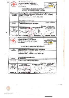 Surat otorisasi/bukti pembayaran untuk pembayaran perdien Bidang PMI DIY periode Januari – Juni 2007