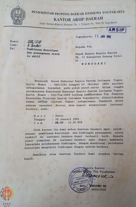 Bendel surat dari Kepala Kantor Arsip Daerah Provinsi Daerah Istimewa Yogyakarta selaku Ketua Tim...