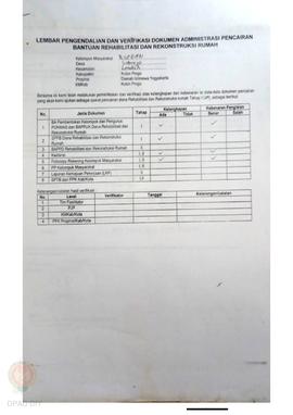 lembar Pengendalian dan Verifikasi Dokumen Administrasi Pencairan Bantuan Rehabilitasi dan Rekons...