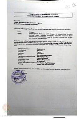 Permohonan Pembayaran Bantuan Rehabilitasi dan Rekonstruksi Rumah, Kelompok Masyarakat Banyusoca,...
