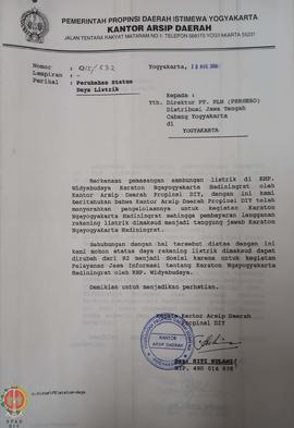Berkas surat perihal perubahan status daya listrik di Kawedanan Hageng Punakawan (KHP) Widyabuday...