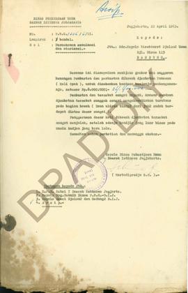 Surat dari Seksi Djalan-djalan & Gedung-gedung Propinsi DIY rencana biaya pembuatan dam di ba...