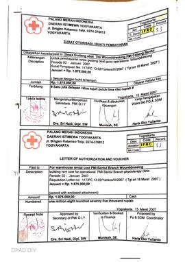 Surat otorisasi/bukti pembayaran untuk pembayaran untuk sewa tempat PMI cabang Bantul periode Des...