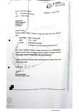 Surat dari Radio Satunama kepada Panwaslu DIY tentang permohonan narasumber hari Sabtu tanggal 21...