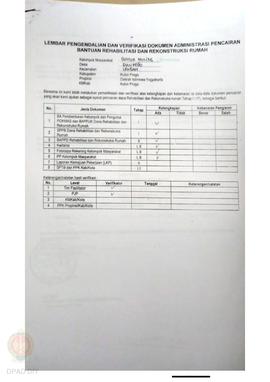 lembar Pengendalian dan Verifikasi Dokumen Administrasi Pencairan Bantuan Rehabilitasi dan Rekons...