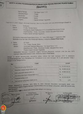 Berita Acara Penarikan/Penggunaan Dana Rehabilitasi dan Rekonstruksi Rumah (BAPPD) kelompok masya...