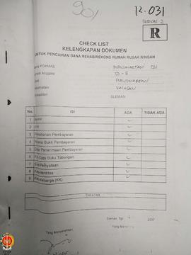 Berkas penerimaan dana rehabilitasi/rekonstruksi dalam rangka untuk rumah rusak ringan kelompok m...