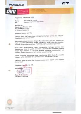 Surat dari Dini Mediapro untuk Ketua  Panwaslu Provinsi DIY tentang penawaran publikasi.