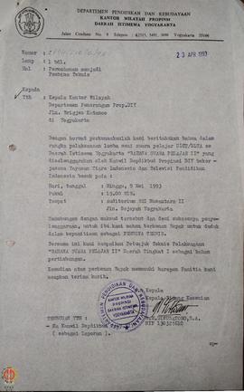 Surat dari Kepala Bidang Kesenian a.n. Kepala Kantor Wilayah Departemen Pendidikan dan Kabudayaan...