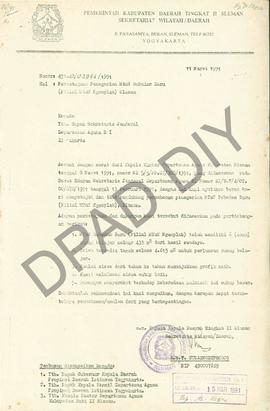 Surat dari Bupati Kepala  Daerah Tingkat II Sleman, atas nama, Sekretaris Wilayah atau Daerah, K....