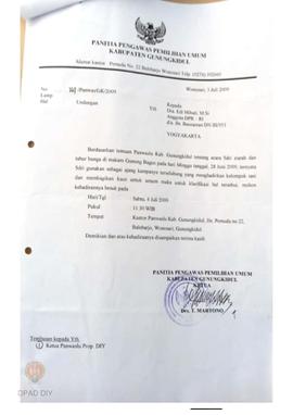 Undangan dari Panwaslu Gunungkidul untuk Ketua Panwaslu Provinsi DIY klarifikasi acara tabur bung...