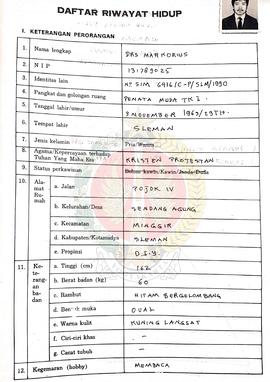 Daftar Riwayat Hidup Calon Peserta Penataran P-4 Kelas Bangsa atas nama Drs. Markorius dan kawan-...