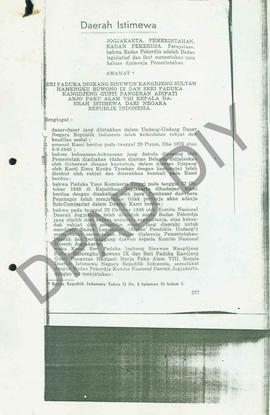 Amanat bersama Sri  Sultan HB IX dan Paku Alam VIII kepada DIYdari Negara RI