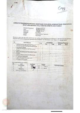 lembar Pengendalian dan Verifikasi Dokumen Administrasi Pencairan Bantuan Rehabilitasi dan Rekons...