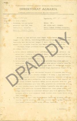 Surat dari Direktorat Agraria Propinsi DIY kepada Wakil Gubernur Kepala DIY tentang permohonan ij...
