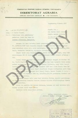 Surat Kepala Direktorat Agraria Propinsi DIY kepada Sri Paduka Wakil Gubernur Kepala DIY tentang ...