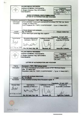 Surat otorisasi pembayaran pembelian voucher guna operasional Tim PSP PMI Bantul periode 26 Maret...