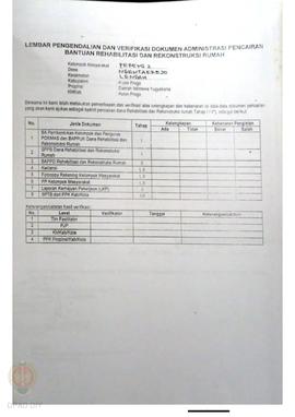 lembar Pengendalian dan Verifikasi Dokumen Administrasi Pencairan Bantuan Rehabilitasi dan Rekons...