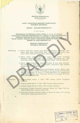 Surat dari Departemen Penerangan Mengenai Surat Keputusan Menteri Penerangan RI Nomor : 04A/KEP/M...