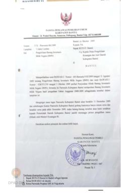 Surat dari Panitia Pengawas Pemilihan Umum kabupaten Bantul untuk Bapak Bupati Bantul No : 177/ P...
