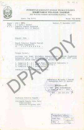 Surat dari Pemda Bantul kepada Gubernur Daerah Istimewa Yogyakarta tentang laporan jumlah pendudu...
