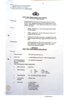 Surat dari Partai Golkar kepada Panwaslu tentang pemberitahuan kampanye pada Bulan Januari - Mare...
