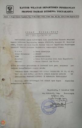 Surat Keterangan Nomor : 1701/E2/K/XII.93 dari Kepala Bagian Umum a.n. Kepala Kantor Wilayah Depa...