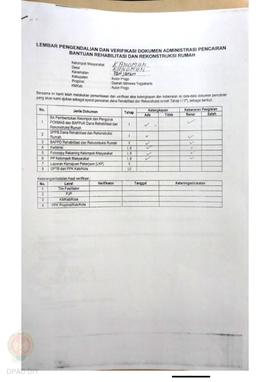 lembar Pengendalian dan Verifikasi Dokumen Administrasi Pencairan Bantuan Rehabilitasi dan Rekons...