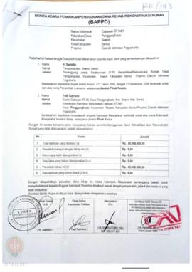 Berita Acara Penarikan/Penggunaan Dana Rehabilitasi/Rekonstruksi Rumah (BAPPD) Rusak Ringan, Nama...