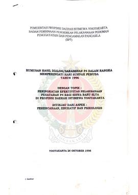 Rumusan Hasil Dialog/Sarasehan P-4 dalam rangka memperingati Hari Sumpah Pemuda Tahun 1996 dengan...